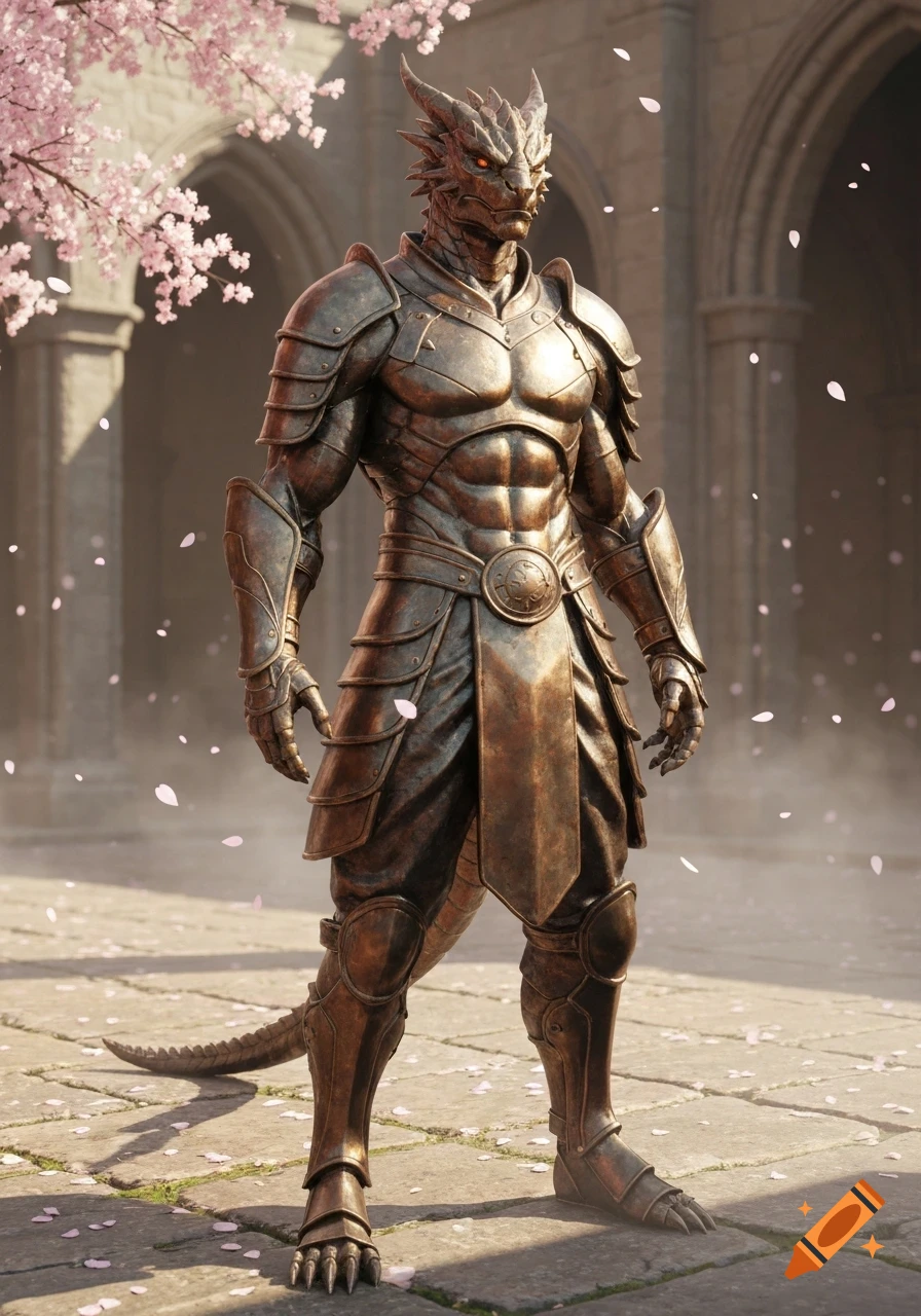 A full-body shot of an armored dragon-humanoid, standing amongst falling pink cherry blossoms in an ancient stone courtyard.