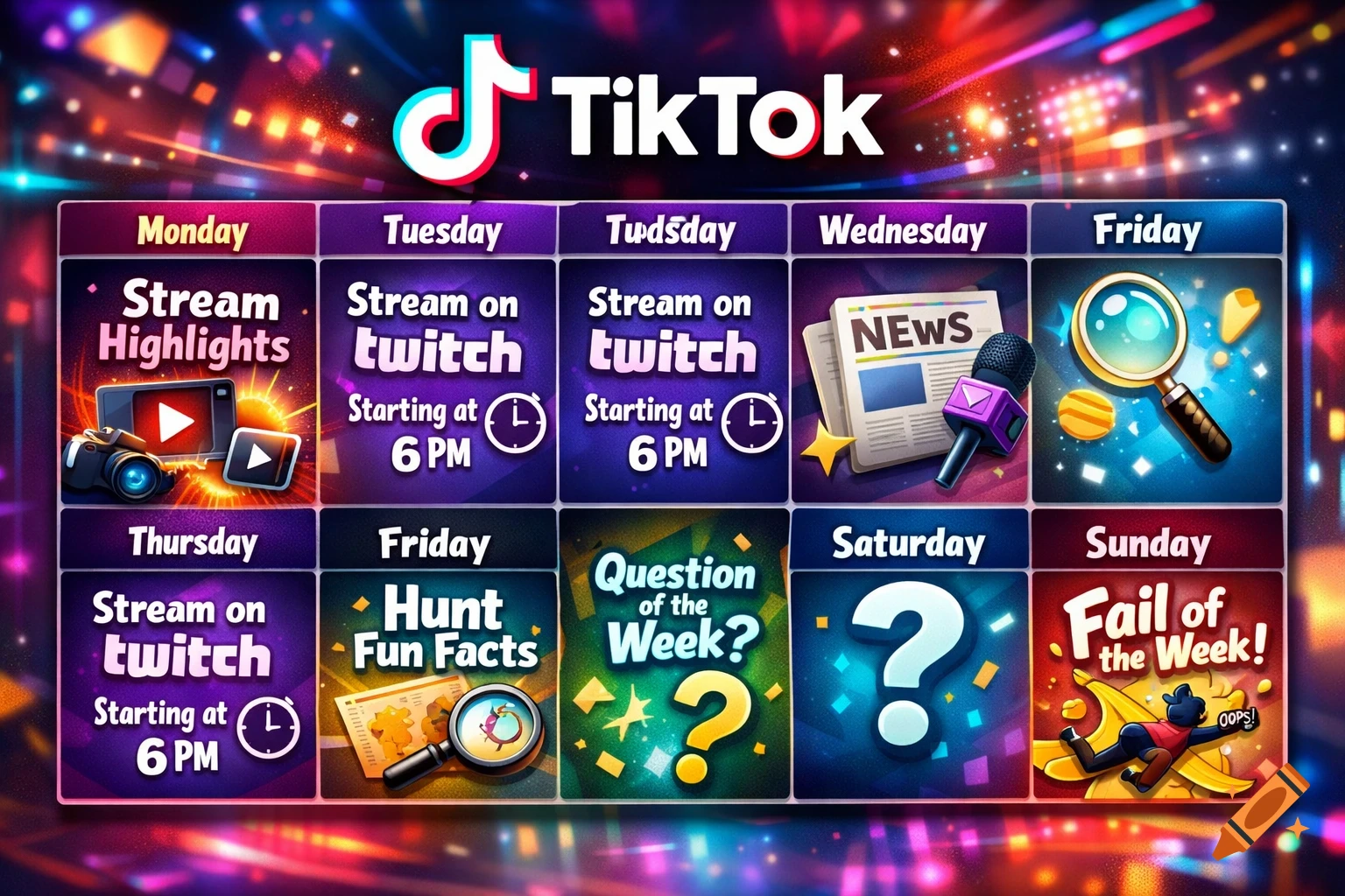 A vibrant TikTok weekly schedule graphic with the TikTok logo, showing different activities for each day against a colorful, sparkling background.