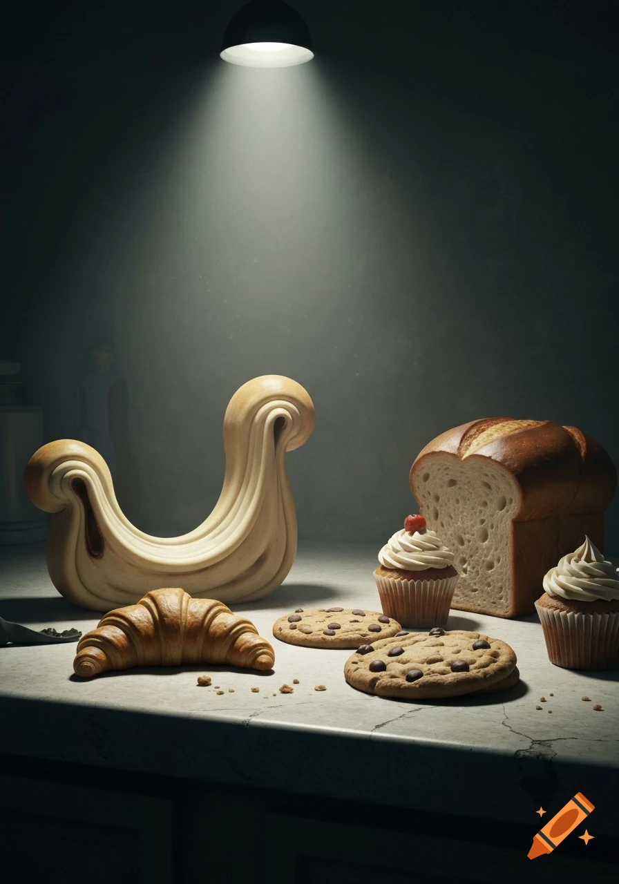 Photorealistic image of a croissant, cookies, cupcakes, and a loaf of bread on a counter, with a large, abstract, U-shaped dough object illuminated by a spotlight.