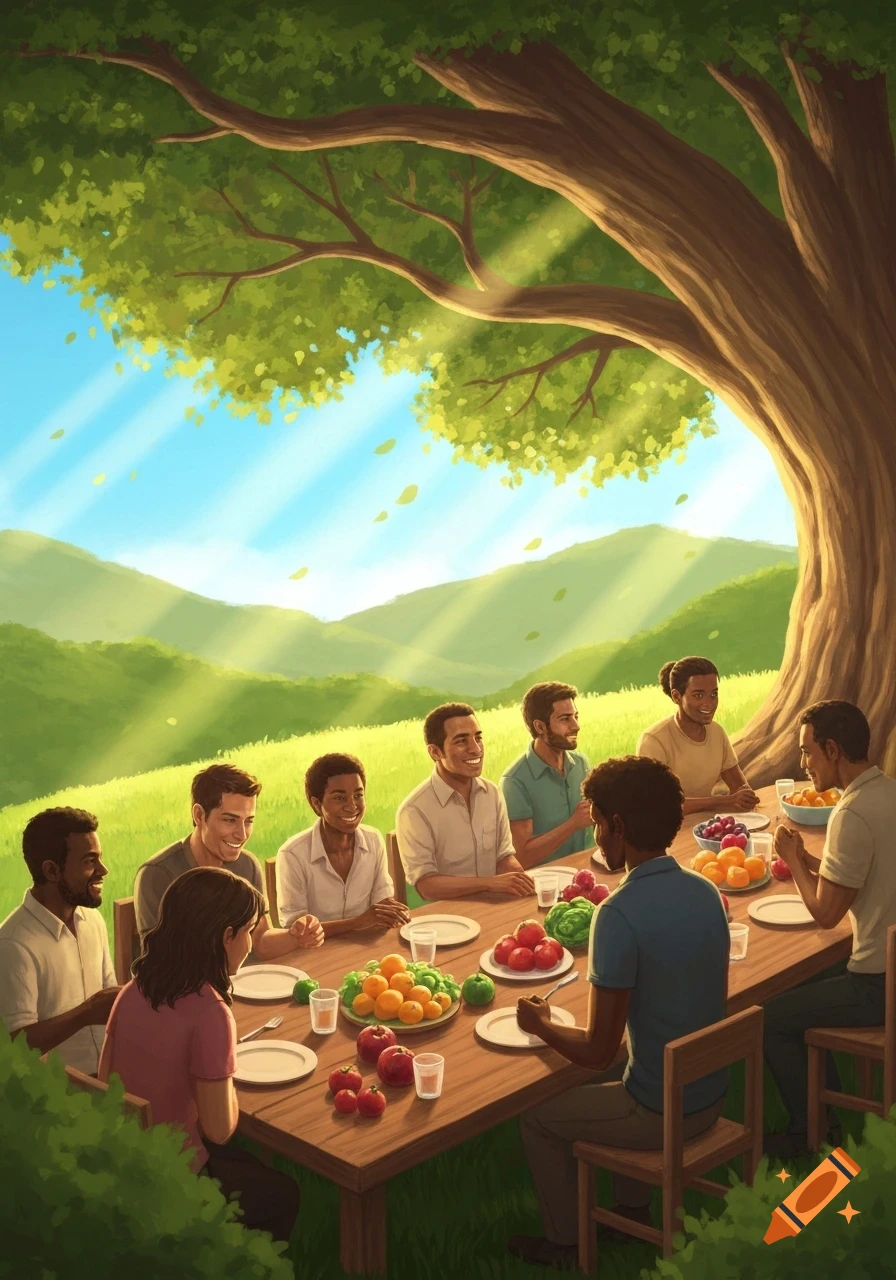 Illustrated diverse group of people sharing a meal outdoors under a large tree with green hills.