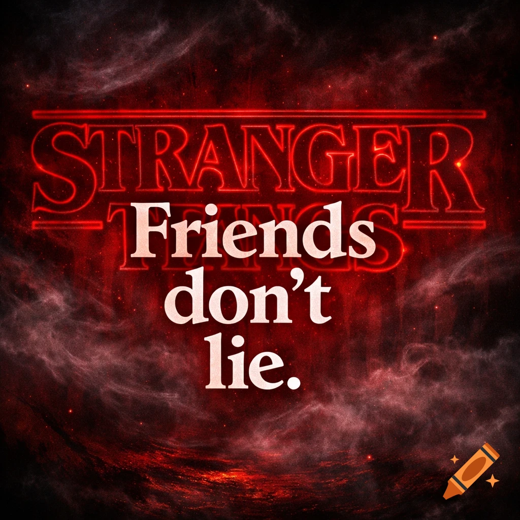 The Stranger Things logo in red neon glow above the white text 'Friends don't lie.' on a smoky red and black background.