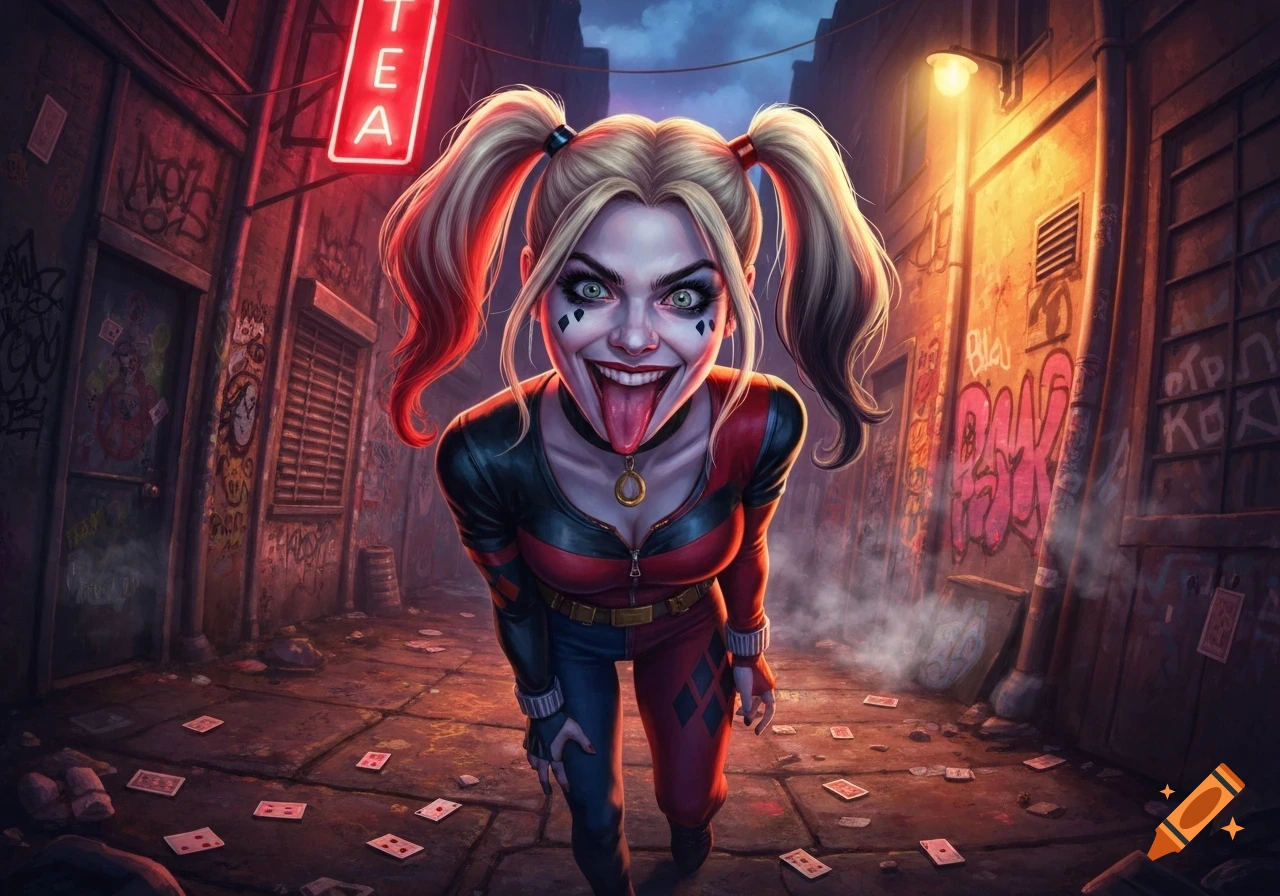 Harley Quinn with pigtails, a crazy expression, and tongue out, leaning forward in a dark, graffiti-covered alley at night, playing cards scattered on the ground.