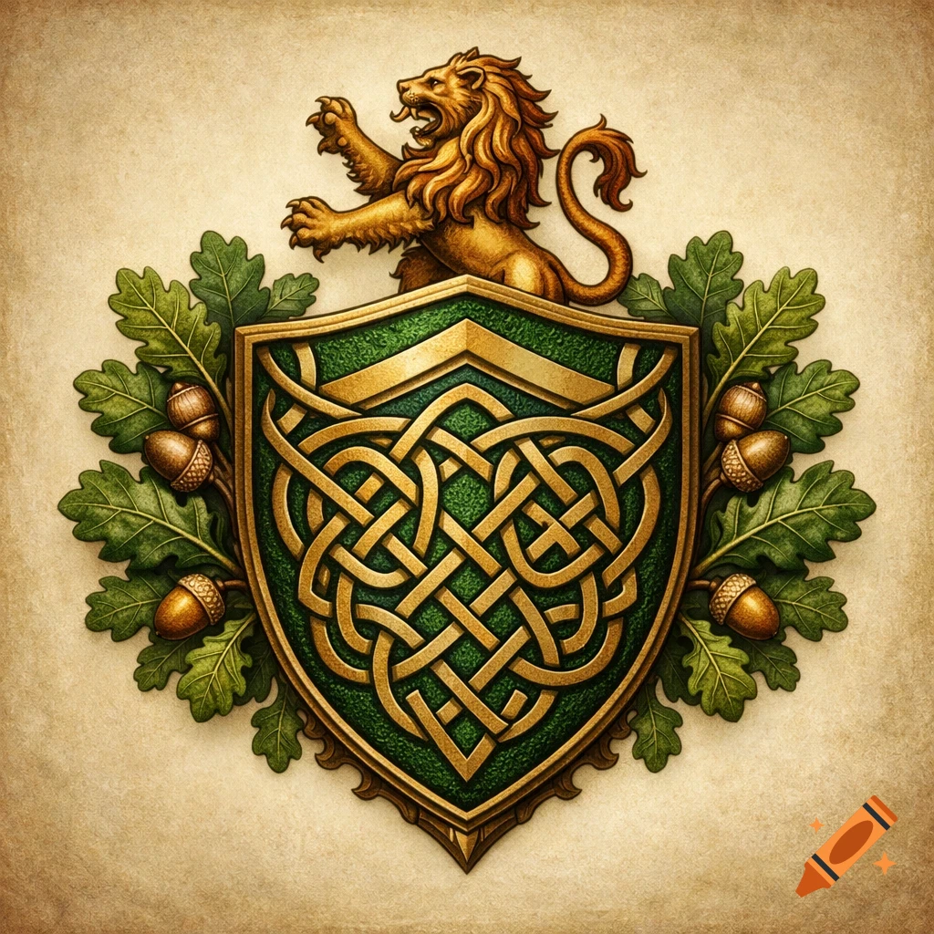 A majestic gold lion stands atop a green shield adorned with intricate gold Celtic knotwork, flanked by oak leaves and acorns, in a heraldic style.
