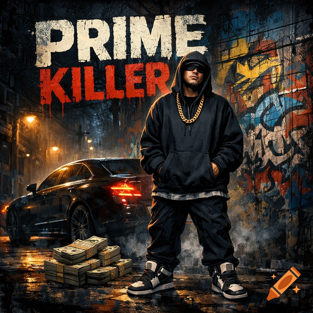 Gritty urban album cover for 'PRIME KILLER' featuring a man with a gold chain, stacks of money, and a black car at night.