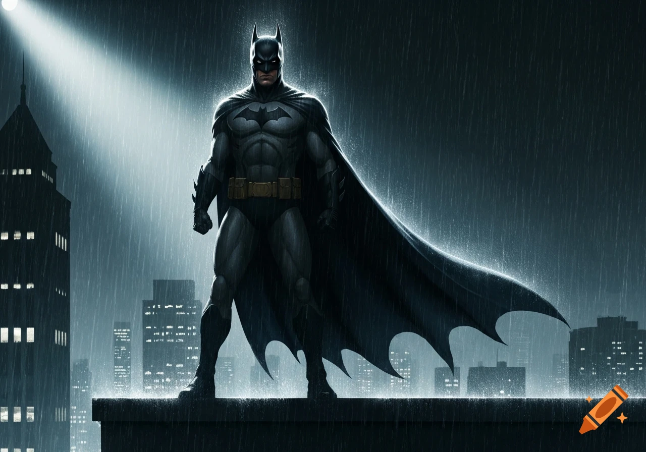 Batman stands on a rainy city rooftop under a spotlight, with Gotham City buildings in the background, in a dark, dramatic comic art style.