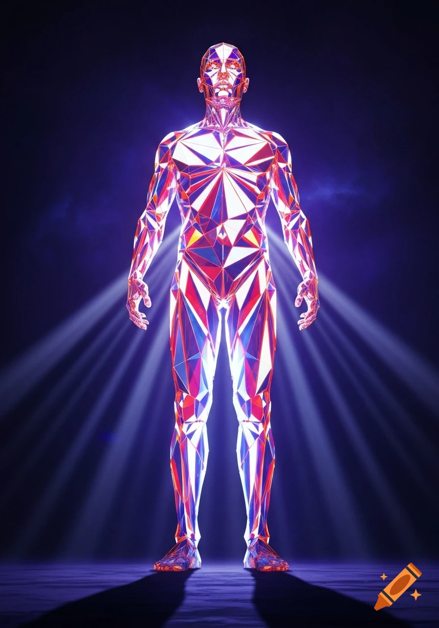 A glowing, faceted humanoid figure made of red, blue, and white geometric shapes stands in a dark setting, illuminated by light rays.