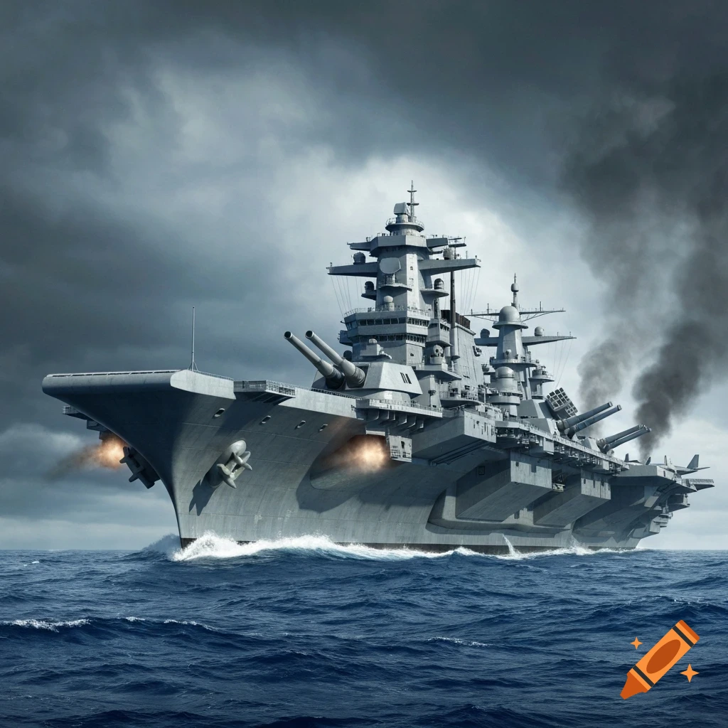A massive, futuristic grey battleship/aircraft carrier hybrid sails on dark blue stormy waters under a cloudy sky, emitting smoke.