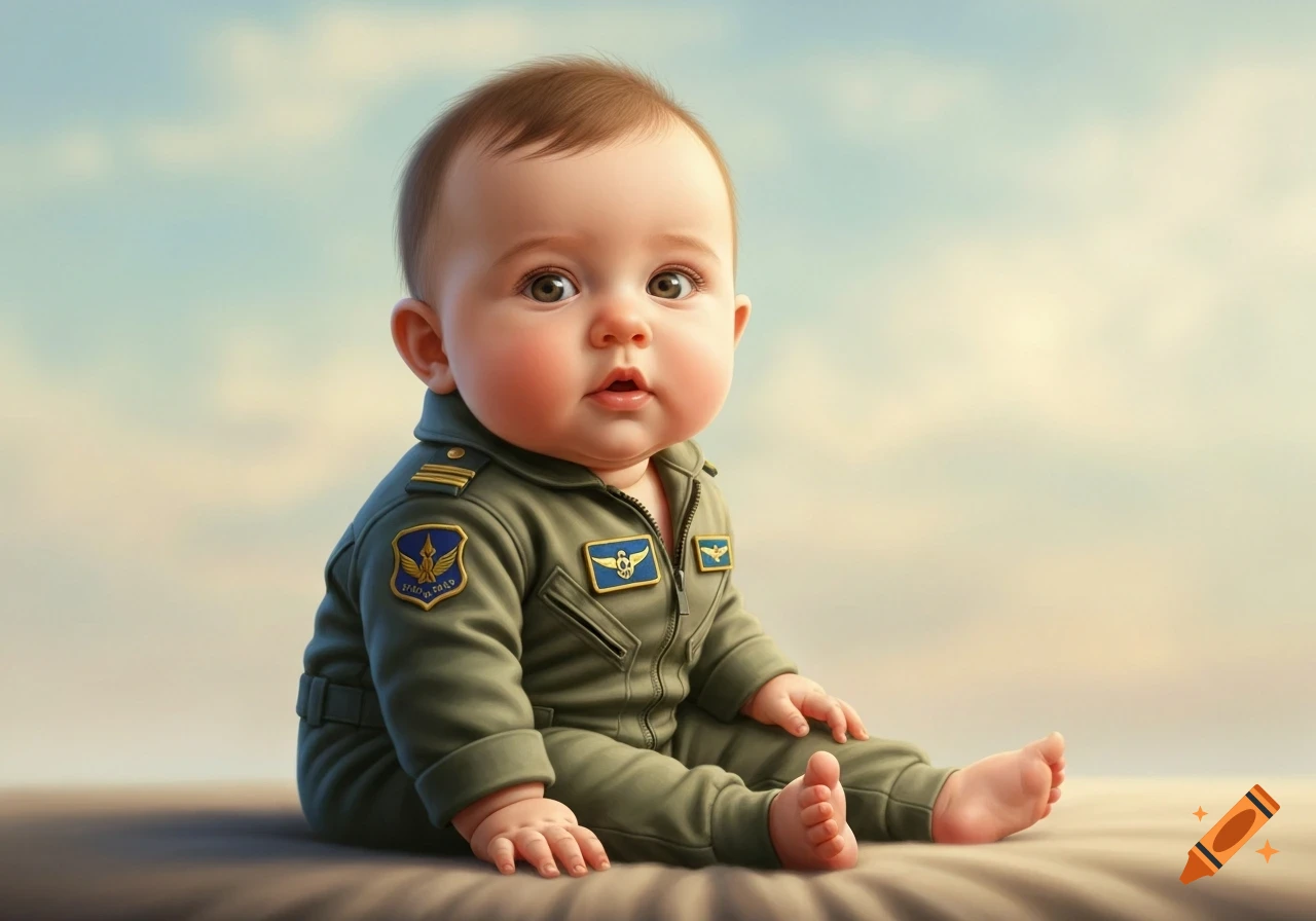 A cute baby wearing a green flight suit with patches, sitting and looking forward.
