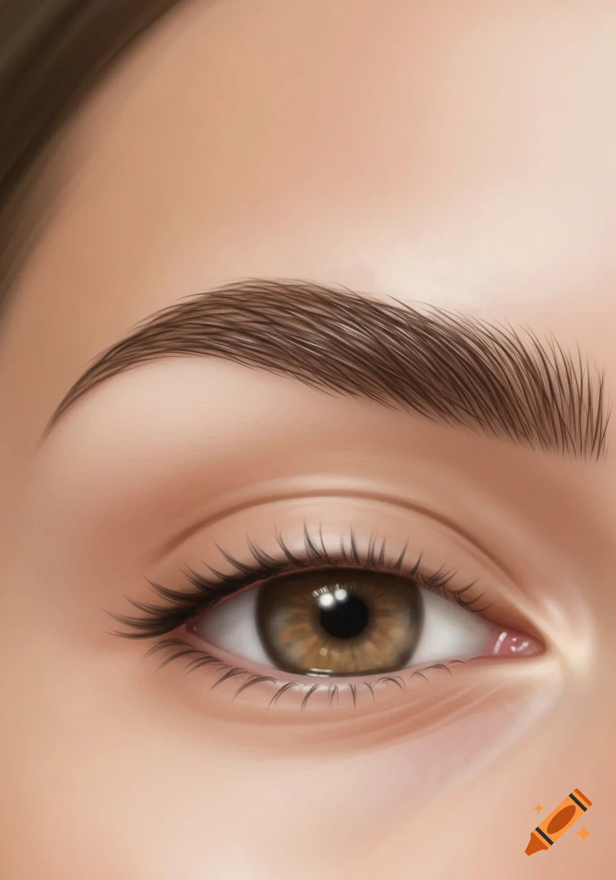A close-up, digital illustration of a brown eye with long eyelashes and a well-groomed brown eyebrow.