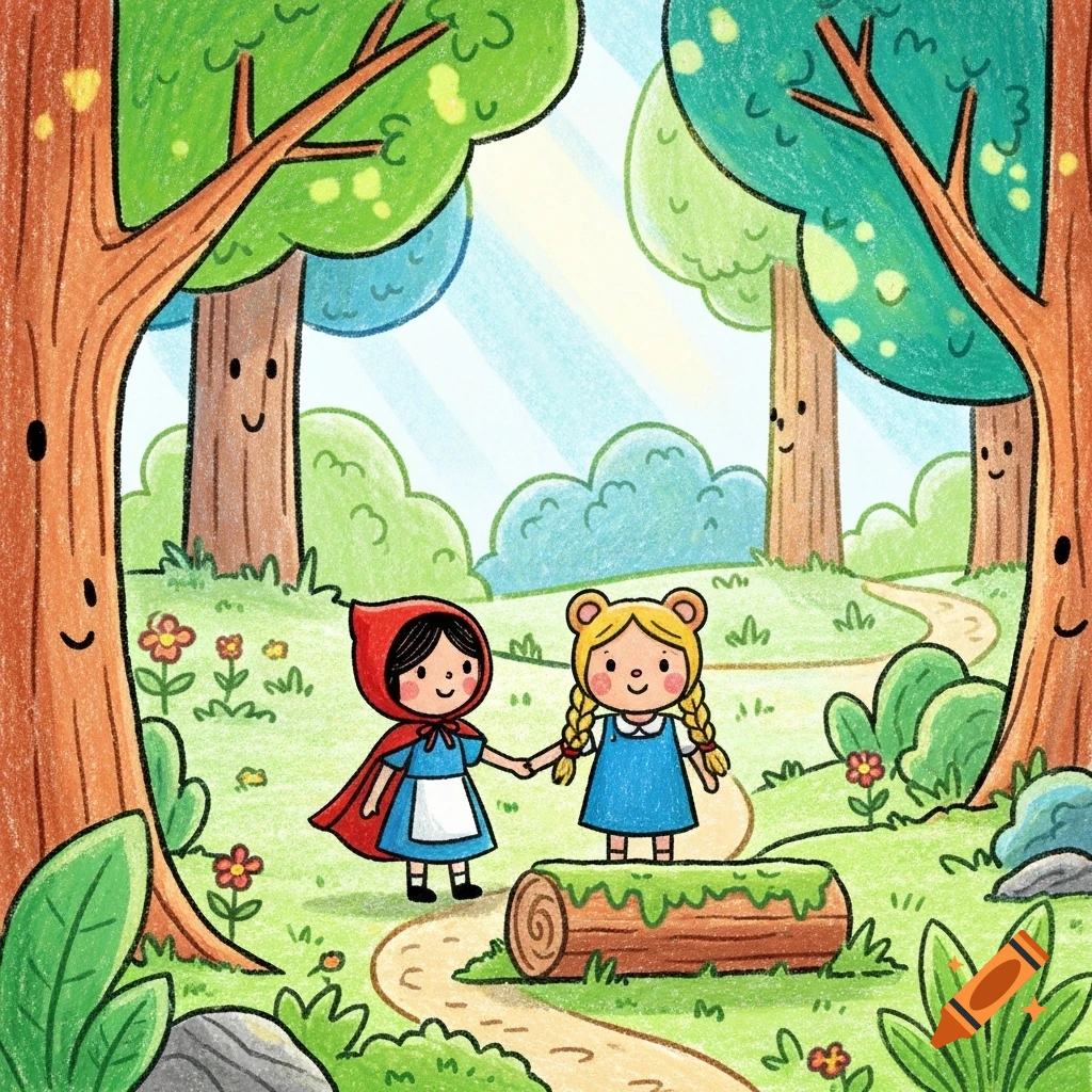 A childlike crayon drawing of Little Red Riding Hood and Goldilocks holding hands on a path in a smiling forest.