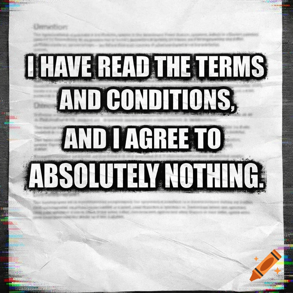 A crumpled white paper document with the bold black text 'I HAVE READ THE TERMS AND CONDITIONS, AND I AGREE TO ABSOLUTELY NOTHING.' in a meme style with glitch effects on the sides.
