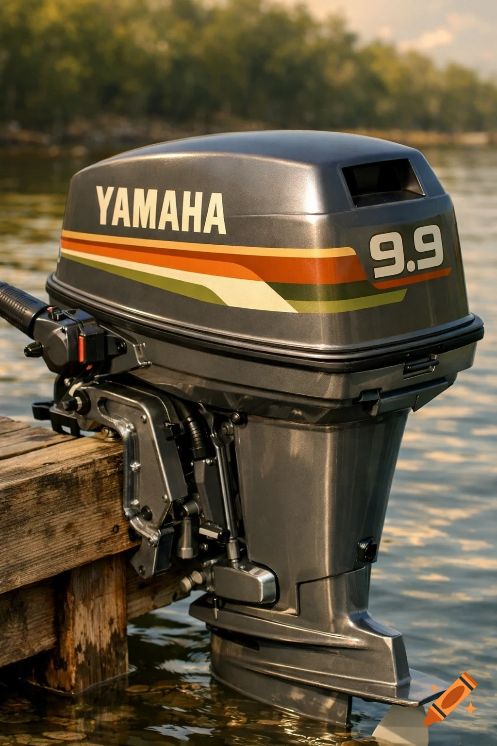 Photorealistic image of a retro Yamaha 9.9 outboard motor with 70s graphics, attached to a wooden dock in water.