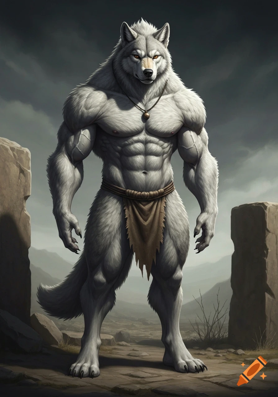A powerful, light gray anthropomorphic wolf in a loincloth and medallion stands in a rocky, cloudy landscape.