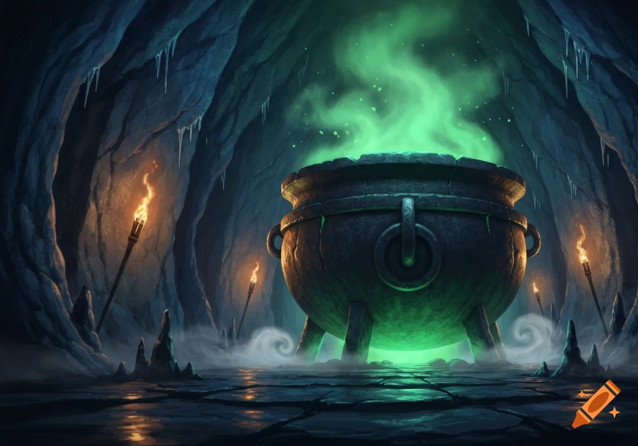 A glowing green cauldron in a dark, mysterious cave, illuminated by torches.