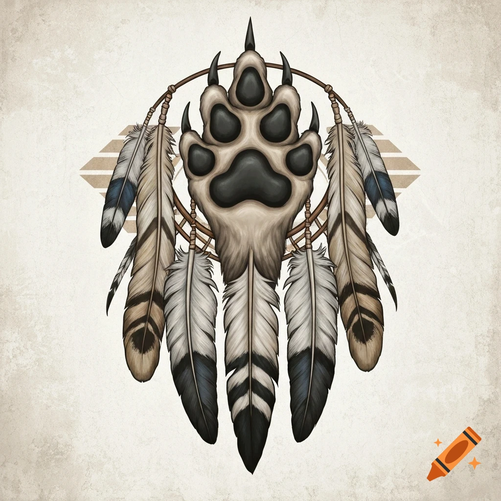 Stylized wolf paw design with black paw pads, framed by a brown ring and hanging feathers, on a textured background.