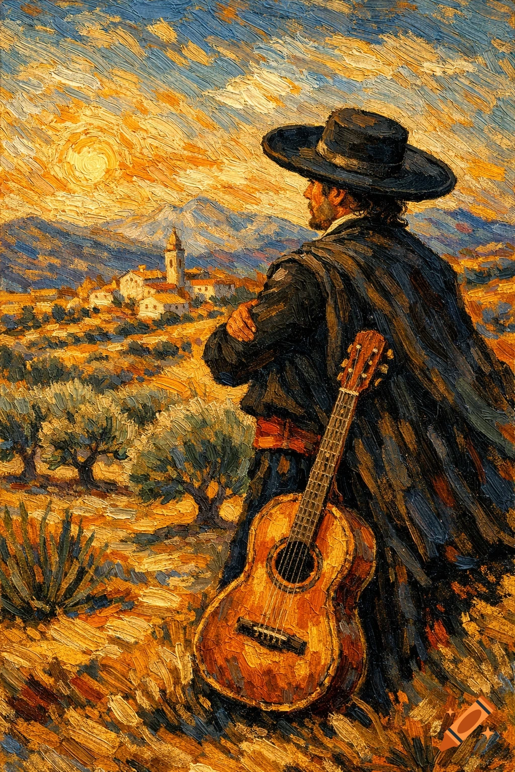 Van Gogh style painting of a man in a black hat and cloak looking over a sunlit Spanish landscape with a guitar leaning against him.
