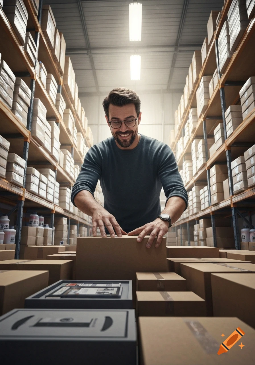 A smiling man in glasses packs boxes in a large warehouse filled with shelves of inventory.