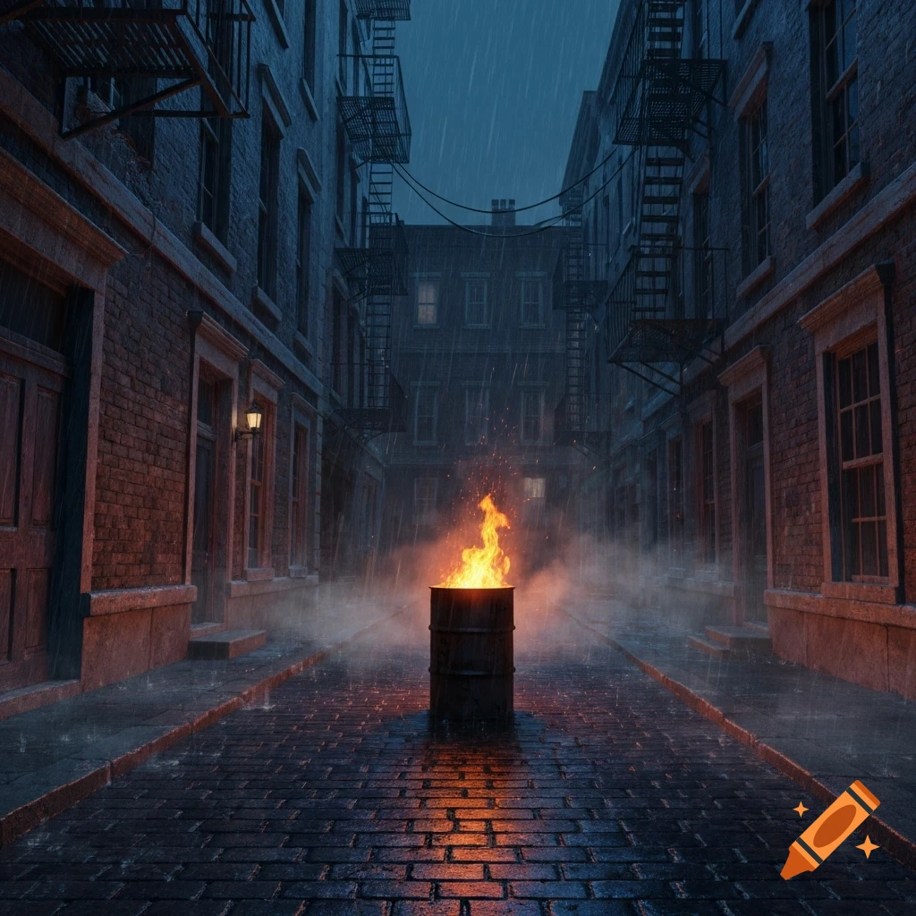 A dark, rainy city alley at night with old brick buildings and a fire burning in a barrel on the wet cobblestone street.