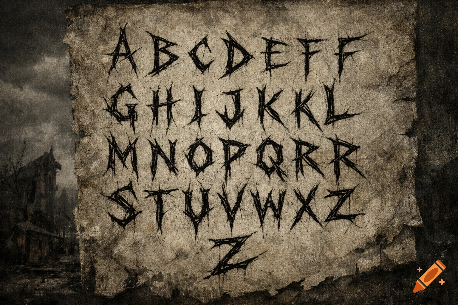A gothic, scratchy Latin alphabet from A to Z on distressed paper, set against a dark, eerie background with a building.