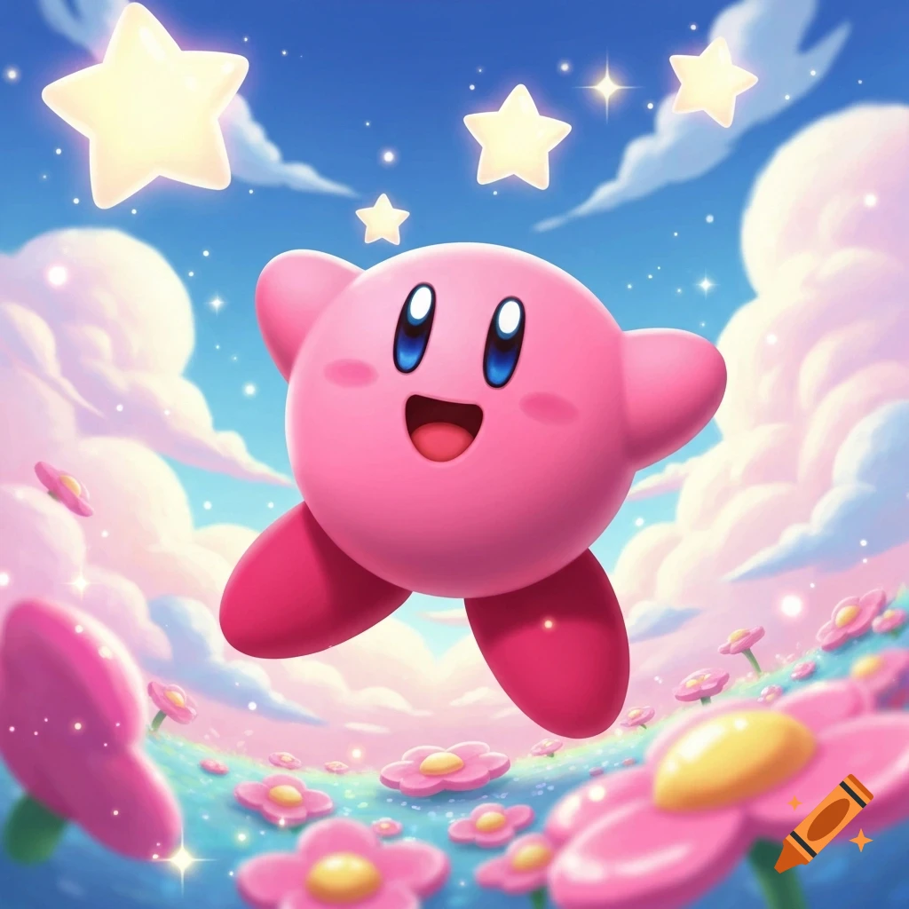A vibrant image of the pink character Kirby floating happily amidst a field of pink flowers and glowing stars under a blue sky with fluffy clouds.