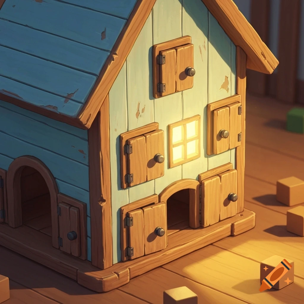 A detailed illustration of a light blue wooden toy house with brown trim and multiple small doors, some open, and a glowing window, on a warm wooden floor surrounded by small blocks.