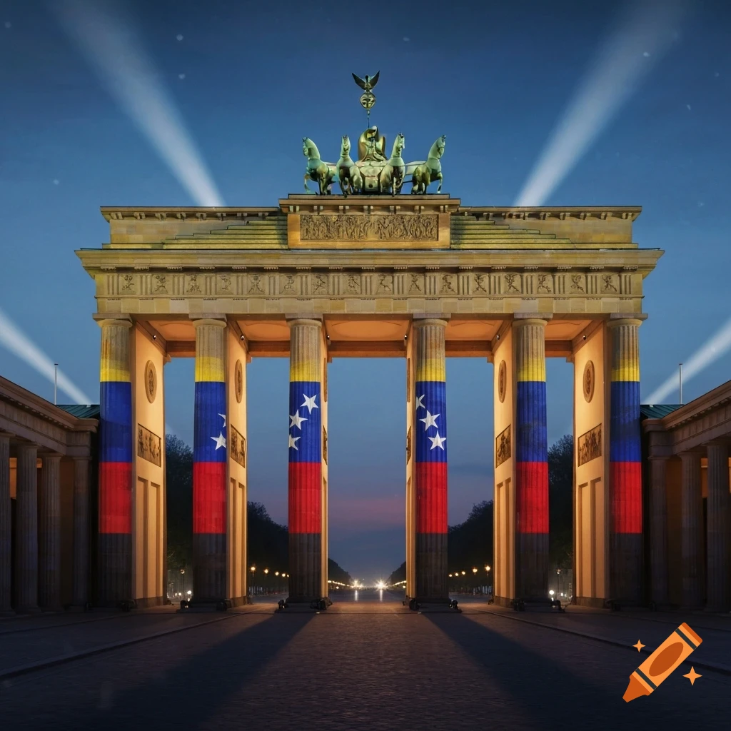 The Brandenburg Gate is illuminated at night with the flag of Venezuela projected onto its columns, under a clear sky.