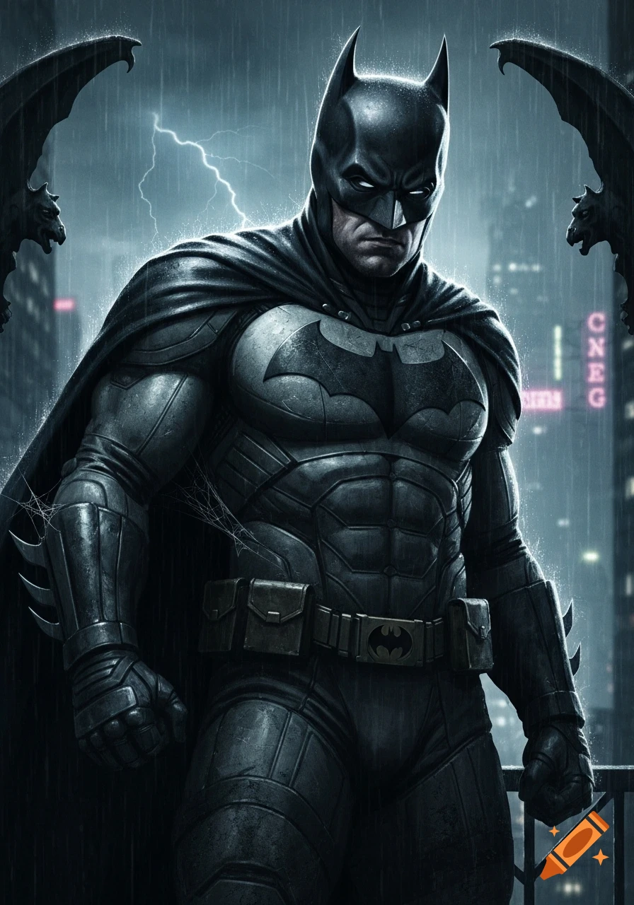 Batman stands on a rooftop in a dark, rain-soaked city at night, with lightning in the sky and gargoyle statues. He wears a black, armored suit and cape.