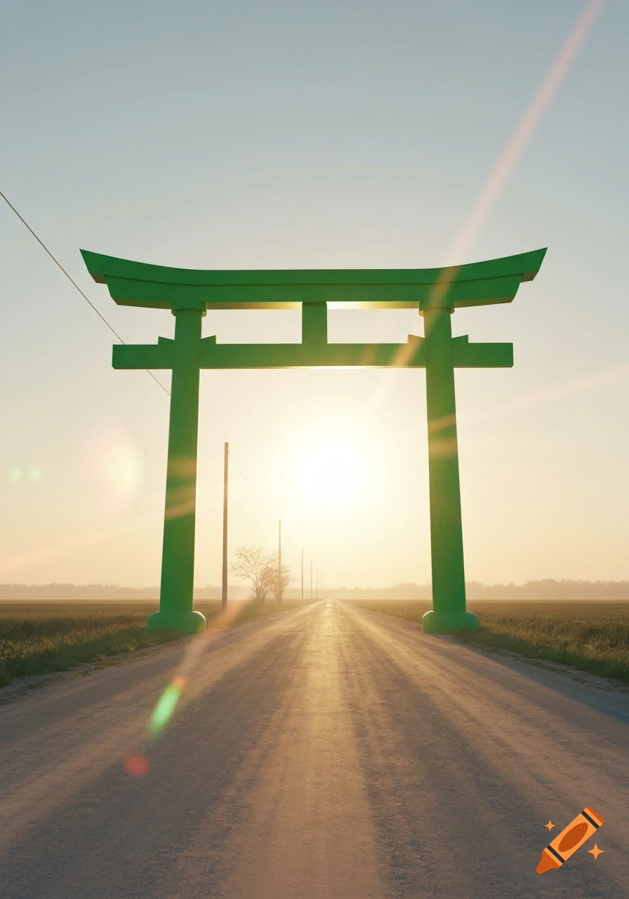 Green torii gate on a dirt road at sunrise with a bright sunburst, minimalist style.