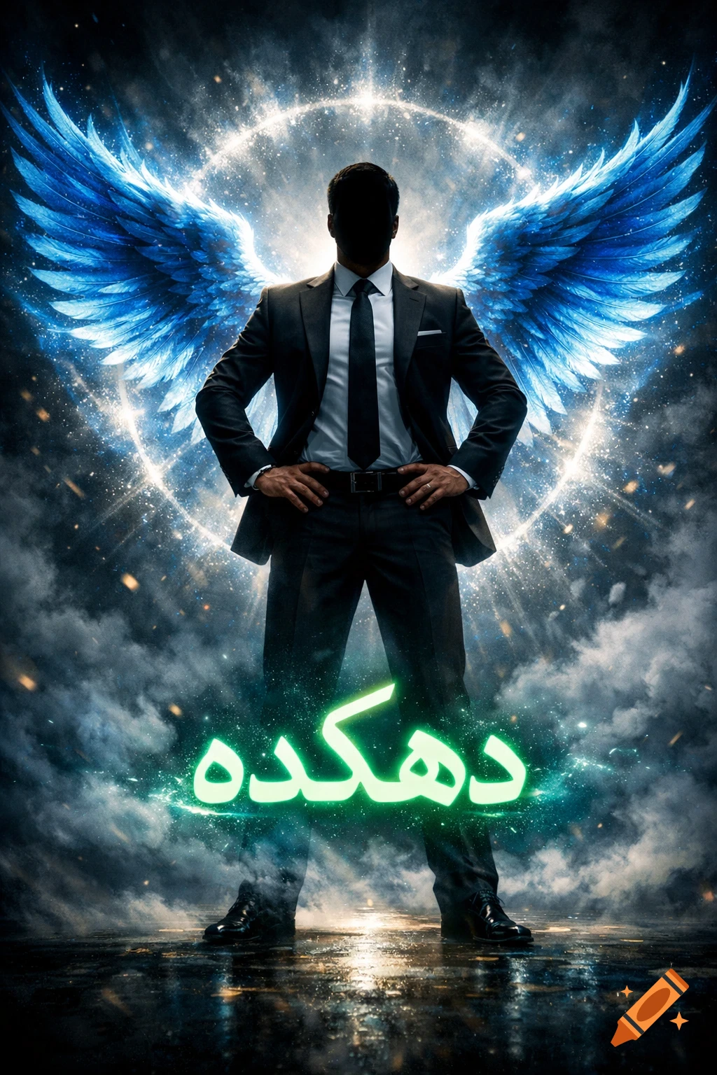 A silhouetted man in a suit with glowing blue wings and a light halo stands in a misty, sparkling environment with green glowing text 'دهکده' at his feet, cinematic poster style.