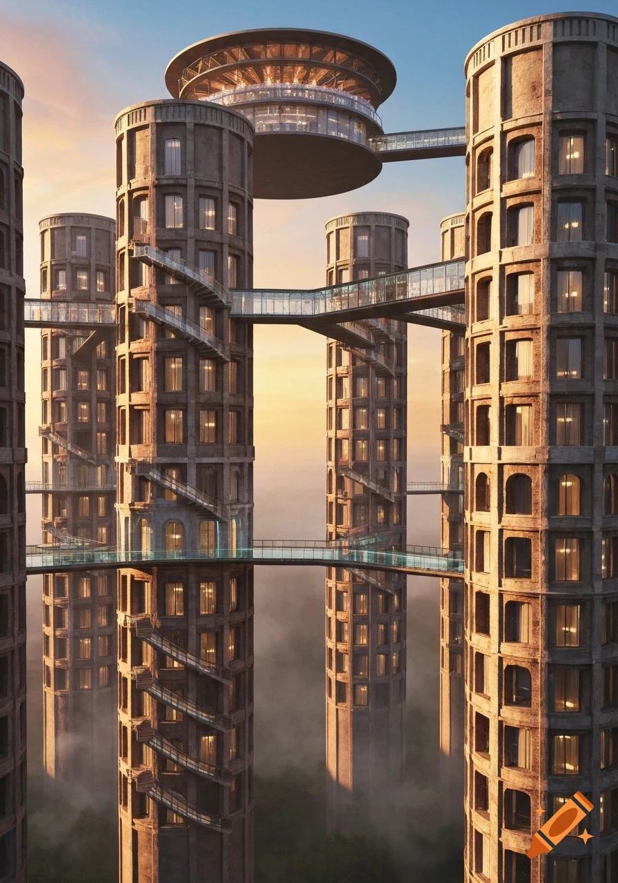 A complex of cylindrical towers resembling ancient ruins, connected by modern glass skywalks, set against a sunset sky above a misty landscape.