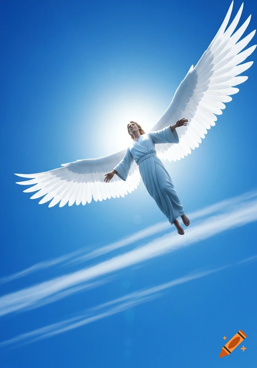 An angelic figure with outstretched arms and large white wings flies upward in a bright blue sky with sunlight.