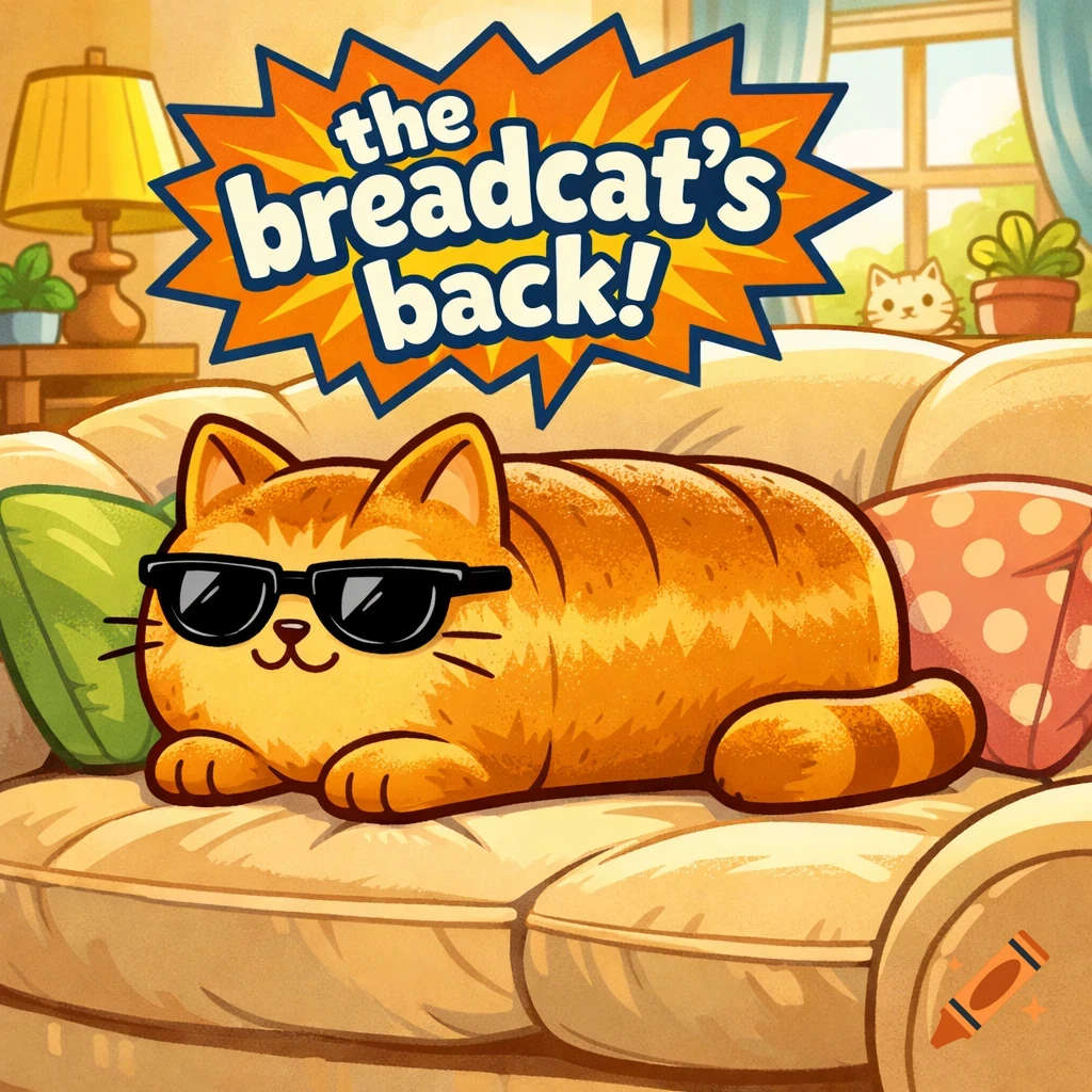 Whimsical cartoon of a breadcat with sunglasses loafing on a comfy couch, with a speech bubble saying 'the breadcat's back!'