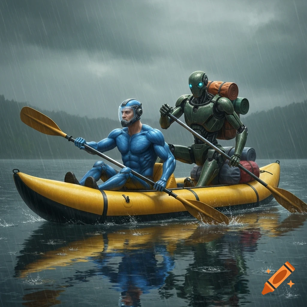 A man in a blue muscle suit and a green robot paddle a yellow inflatable kayak on a rainy lake.