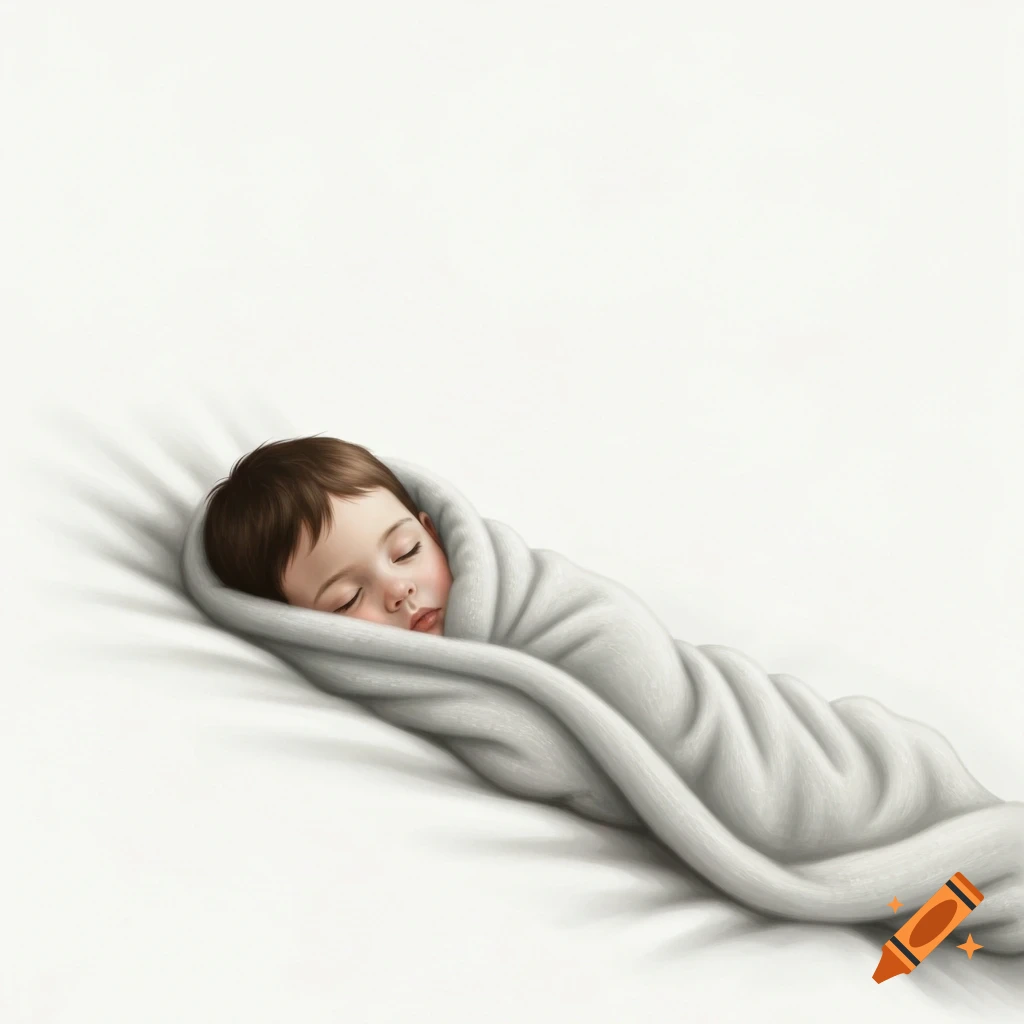 A sleeping baby swaddled in a white blanket, resting on a white surface in a soft, illustrative style.