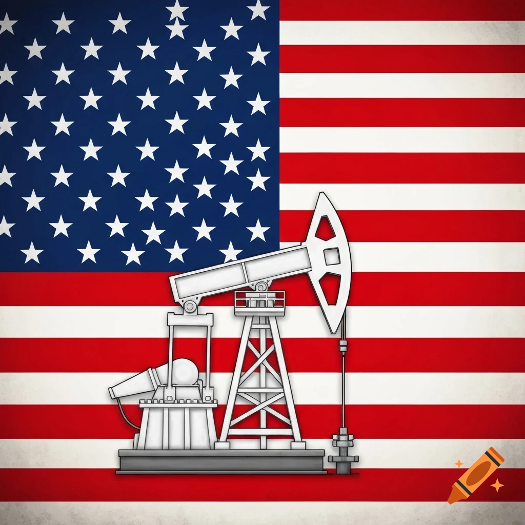 An oil well pumpjack illustration superimposed on a textured American flag with 50 stars.