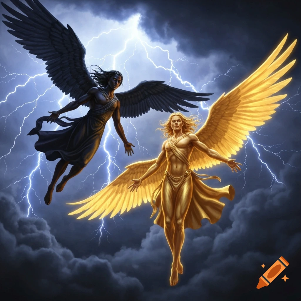 A dark-winged angel and a golden-winged angel swoop through a dramatic, lightning-filled stormy sky.