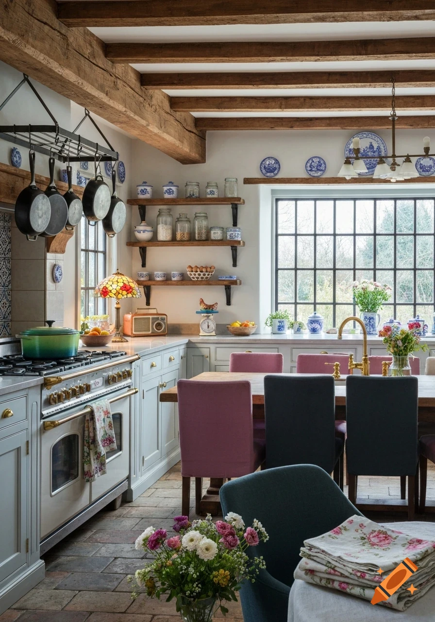 A cozy, rustic country kitchen with wooden beams, a large stove, hanging pots, open shelves with jars, and a dining table with colorful chairs.