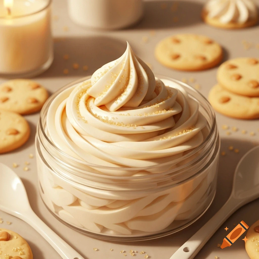 Photorealistic image of a jar of creamy, whipped body butter topped with sprinkles, surrounded by sugar cookies and a lit candle.
