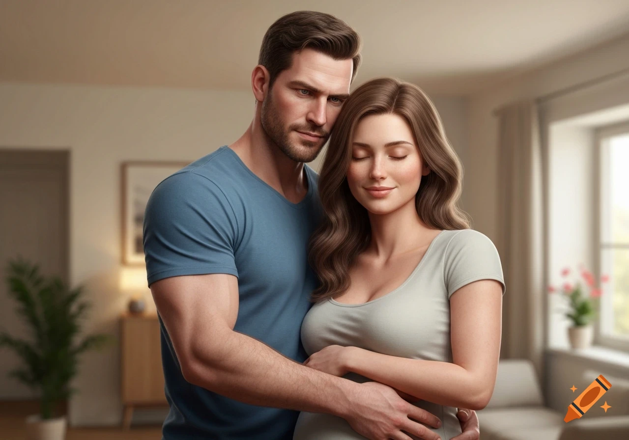 A man stands behind a pregnant woman, embracing her from behind, in a warm, photorealistic indoor setting.