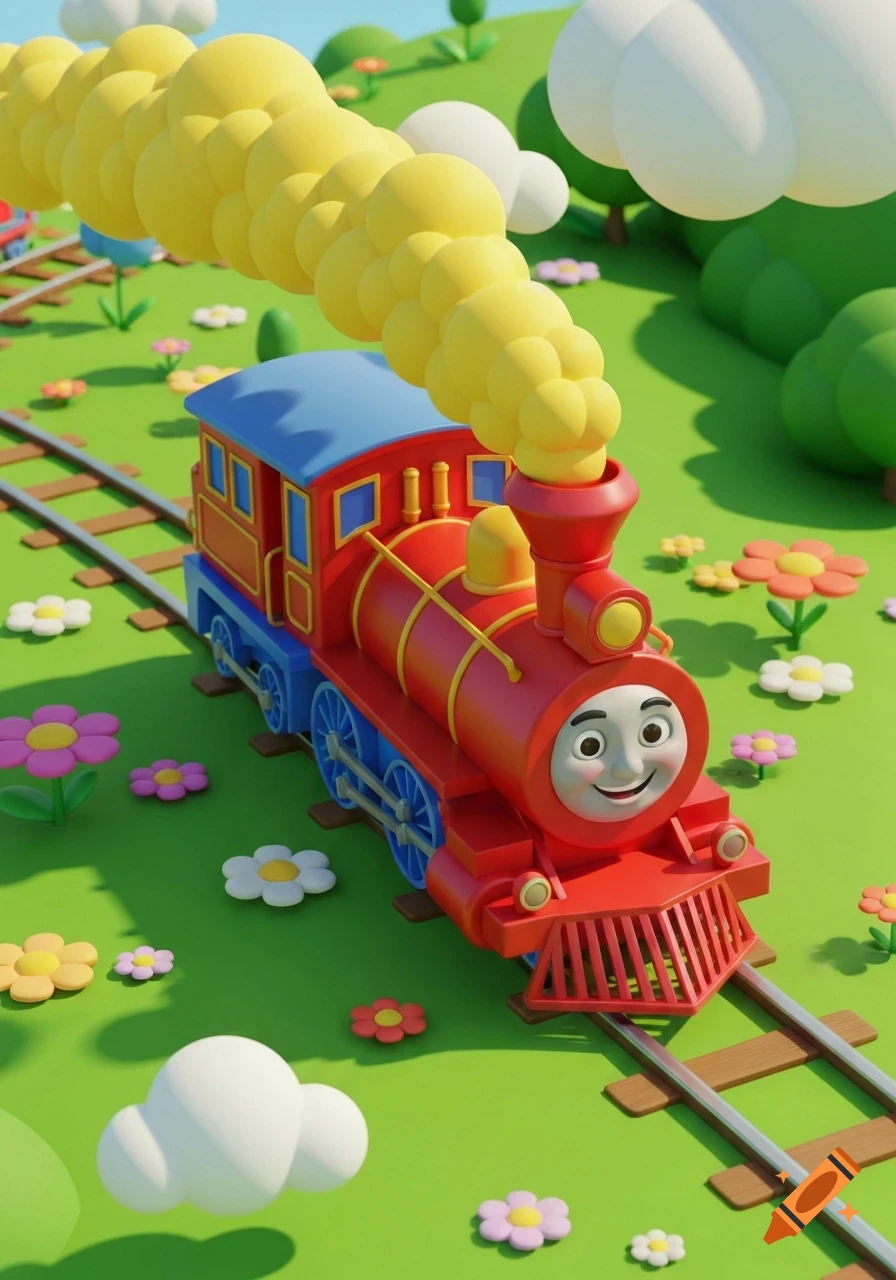 A friendly red and blue cartoon train with yellow smoke on tracks in a vibrant green field with colorful flowers and clouds.