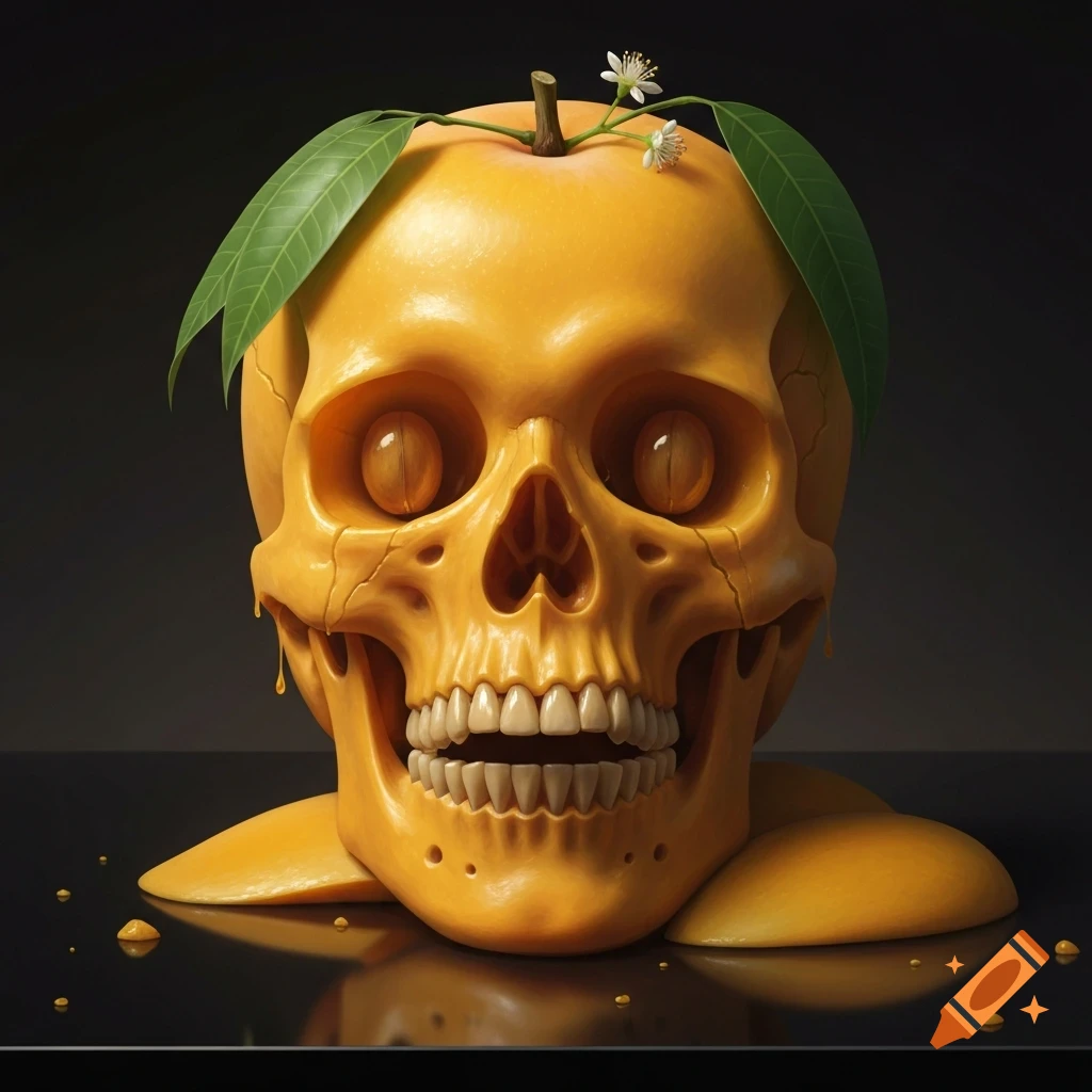 A detailed, golden-orange skull resembling a mango, with green leaves and small white flowers on its crown, sits on a dark reflective surface.