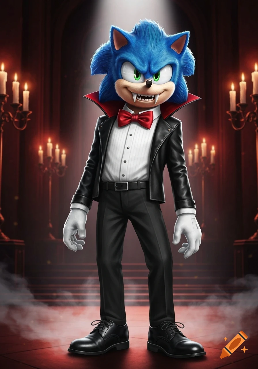 Sonic the Hedgehog dressed as a vampire, with fangs, a black suit, red bow tie, and white gloves, in a dim room with lit candelabras.
