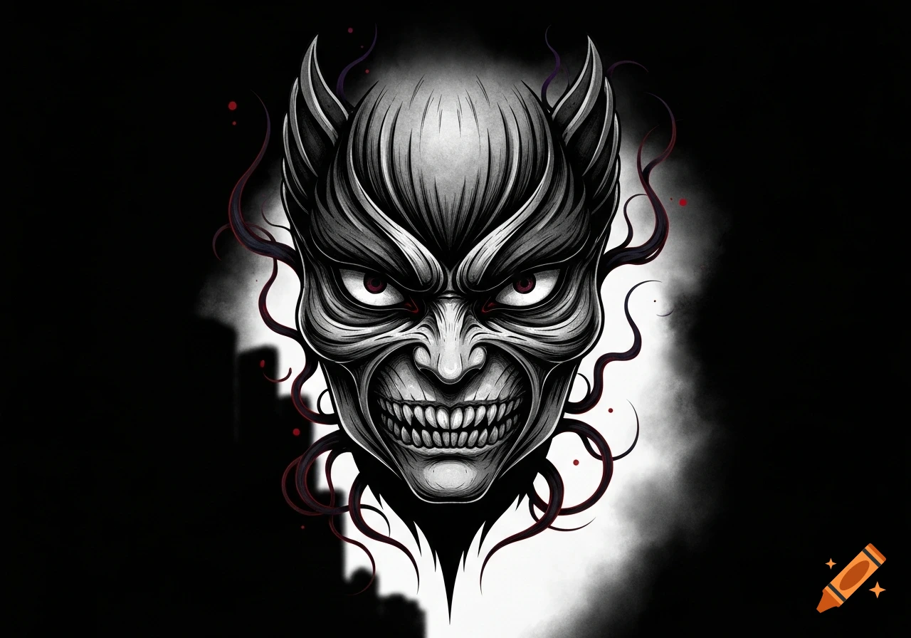 Stylized black and white illustration of a demonic face with red eyes, bared teeth, and horns, surrounded by dark tendrils.
