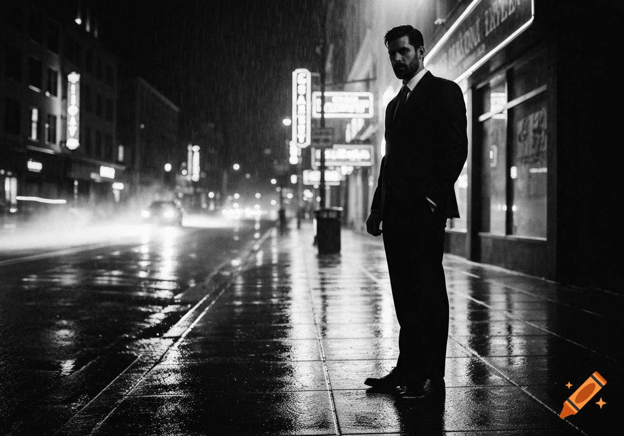 Grainy black and white photo of a man in a suit standing on a wet city street at night in the rain, with neon signs.