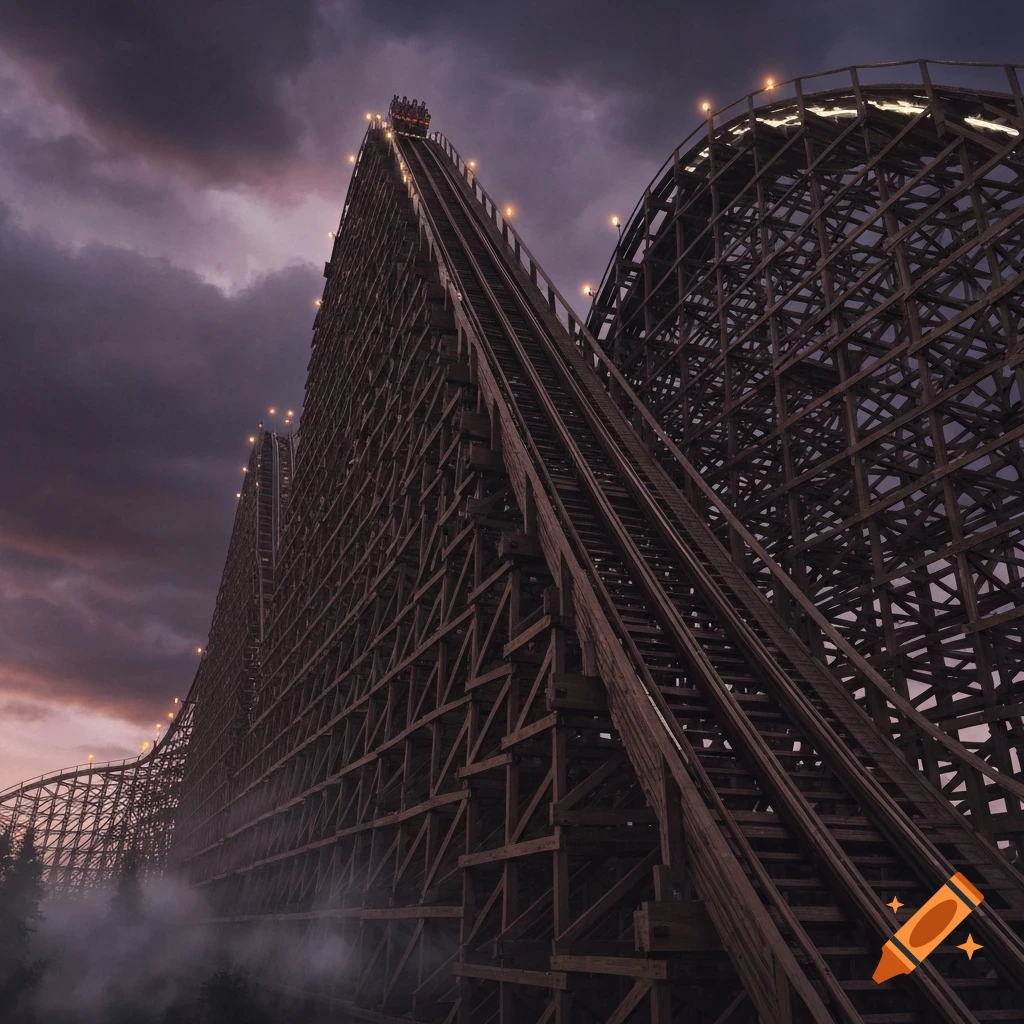 A towering wooden roller coaster lit by track lights against a dramatic purple and grey cloudy sky, with fog at its base.