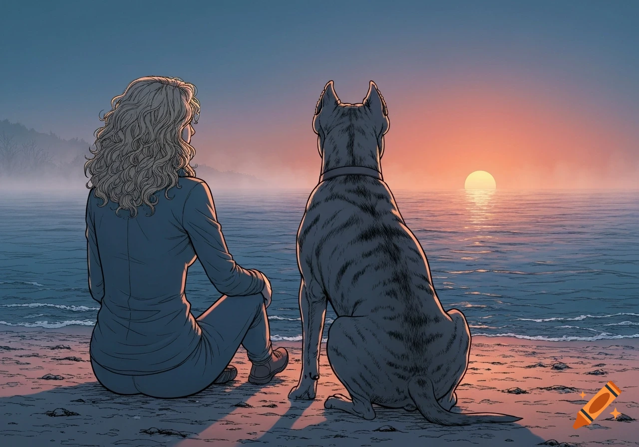 Woman and Cane Corso dog sit on a beach, watching a sunrise over the ocean in a graphic novel style.