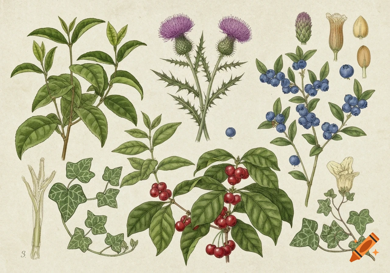 A collection of botanical illustrations featuring tea plants, thistles, blueberry bushes, coffee plants with red berries, and ivy.