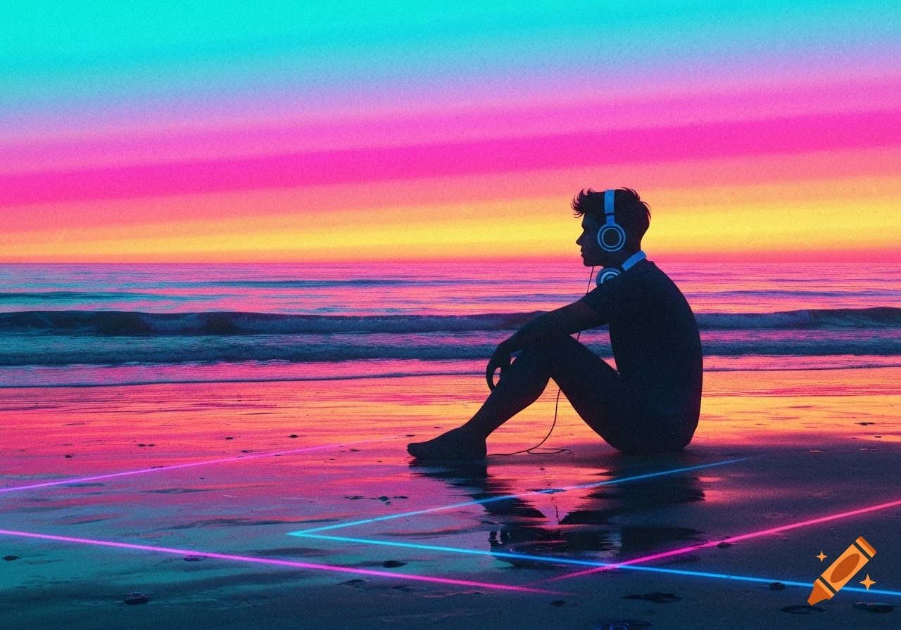 Silhouette of a person with headphones sitting on a beach, looking at a neon-lit ocean under a vibrant pink, orange, and blue sunset.