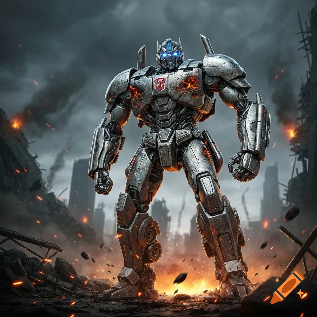 A detailed silver Autobot-style robot with glowing blue eyes stands in a destroyed cityscape with explosions.