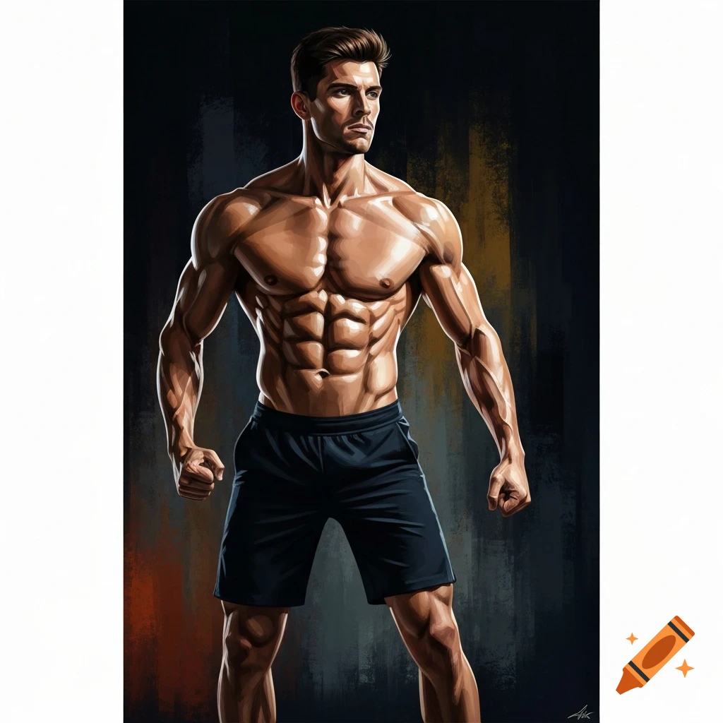 An illustration of a very muscular, shirtless man wearing dark shorts, posing against a dark, textured background.